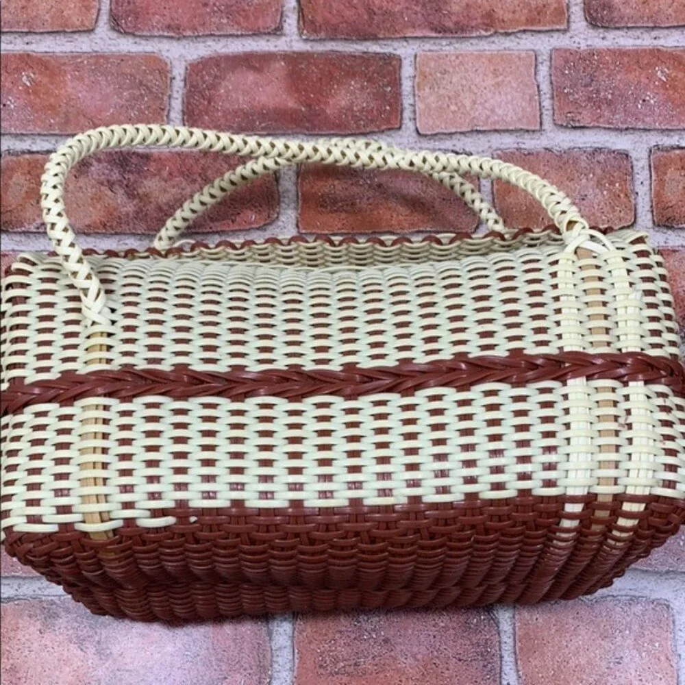 Elegant Cream and Brown Woven Tote with Curved Handles